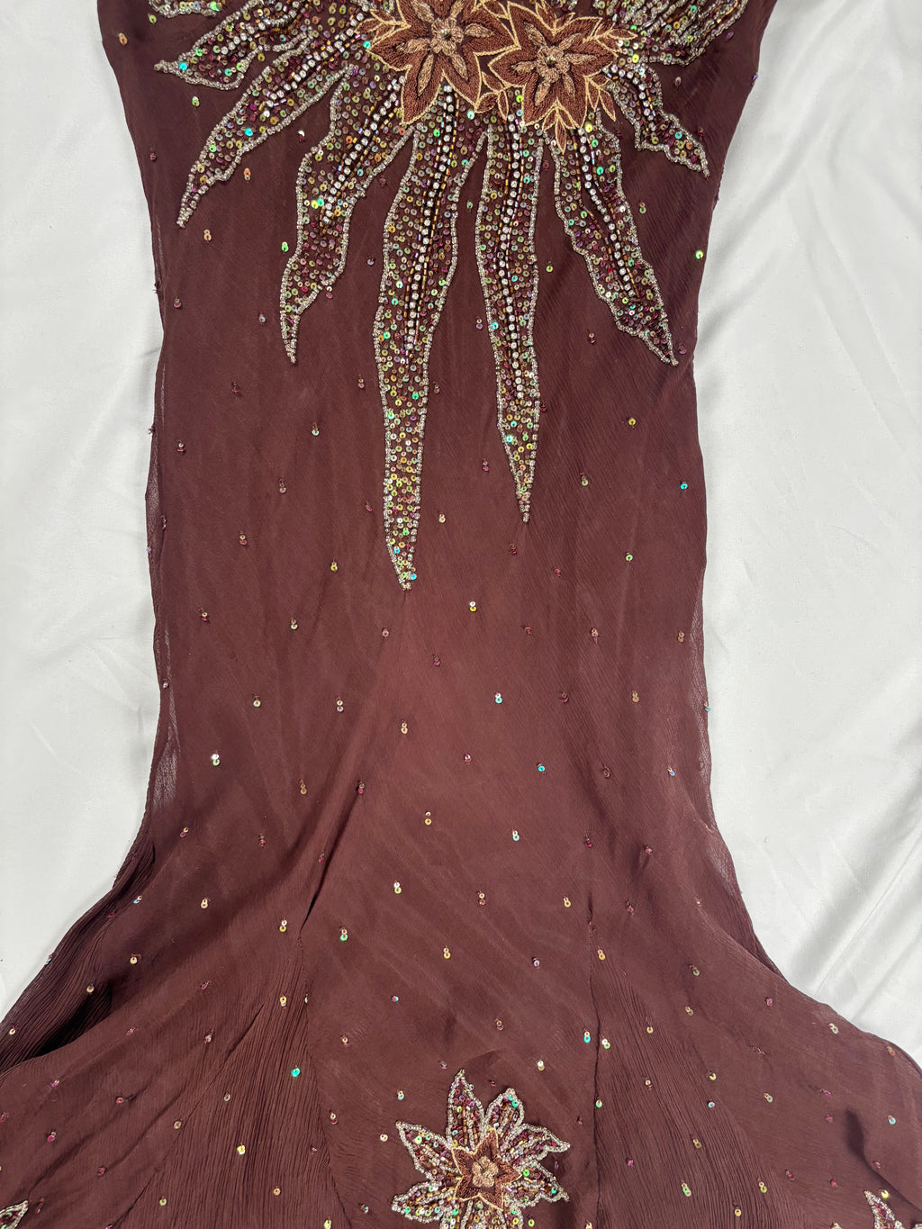 Brown aftershock silk midi dress embellished with sequins
