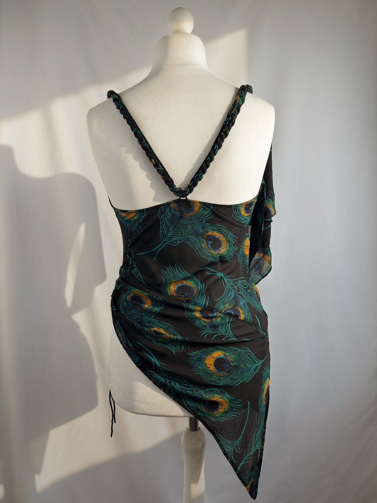 Black sheer silk peacock detailed cross back top with embellishments