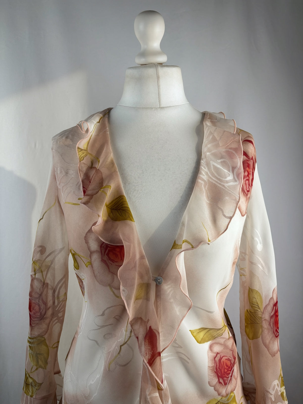 Sheer blush ombré floral button up ruffle cardigan