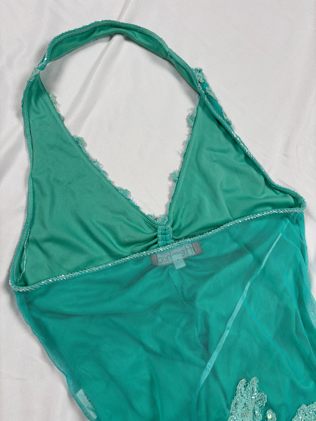 Bright blue ruched aftershock halter neck with beaded lace details