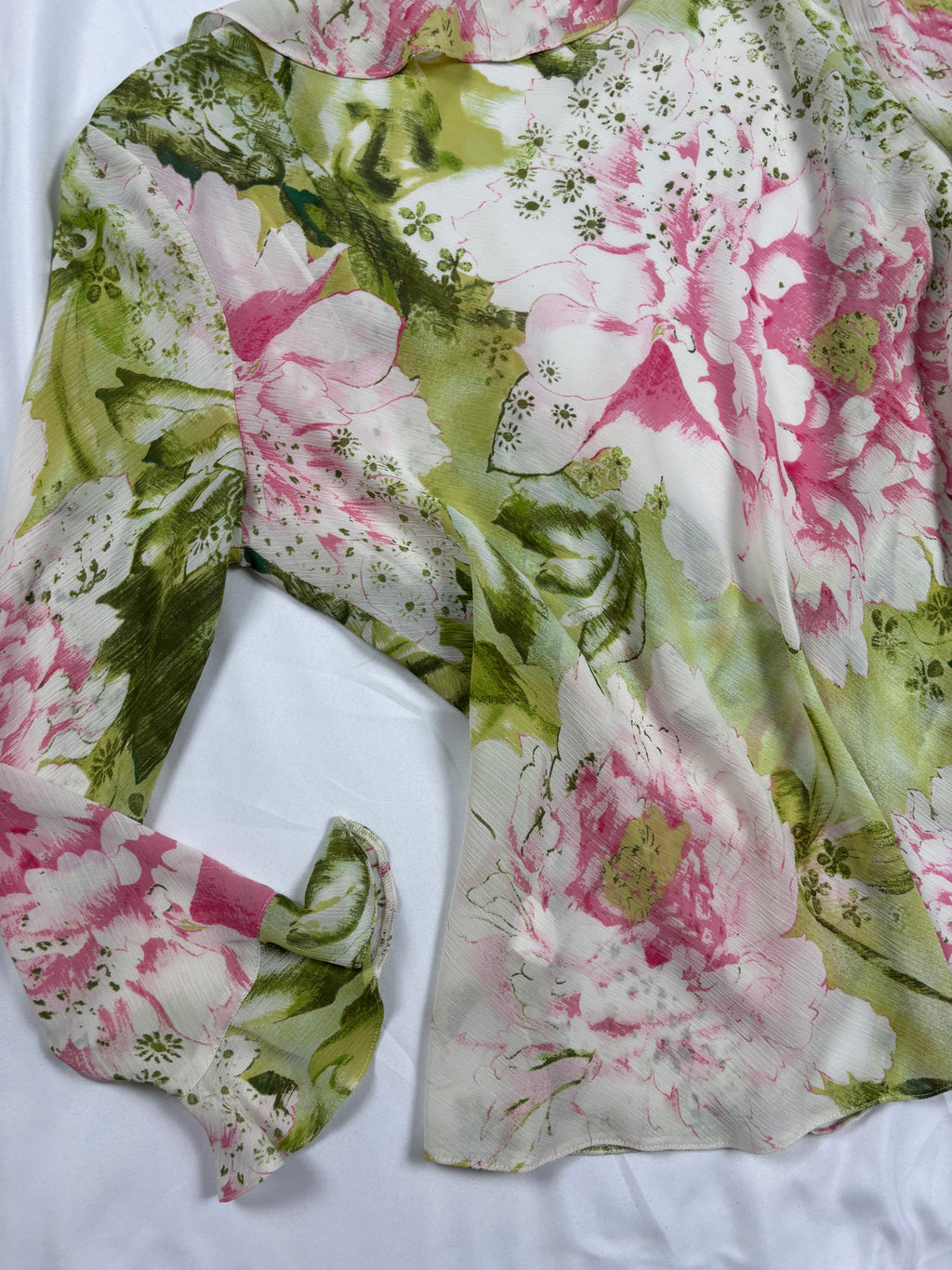 Pink and green floral ruffle tie front cardigan