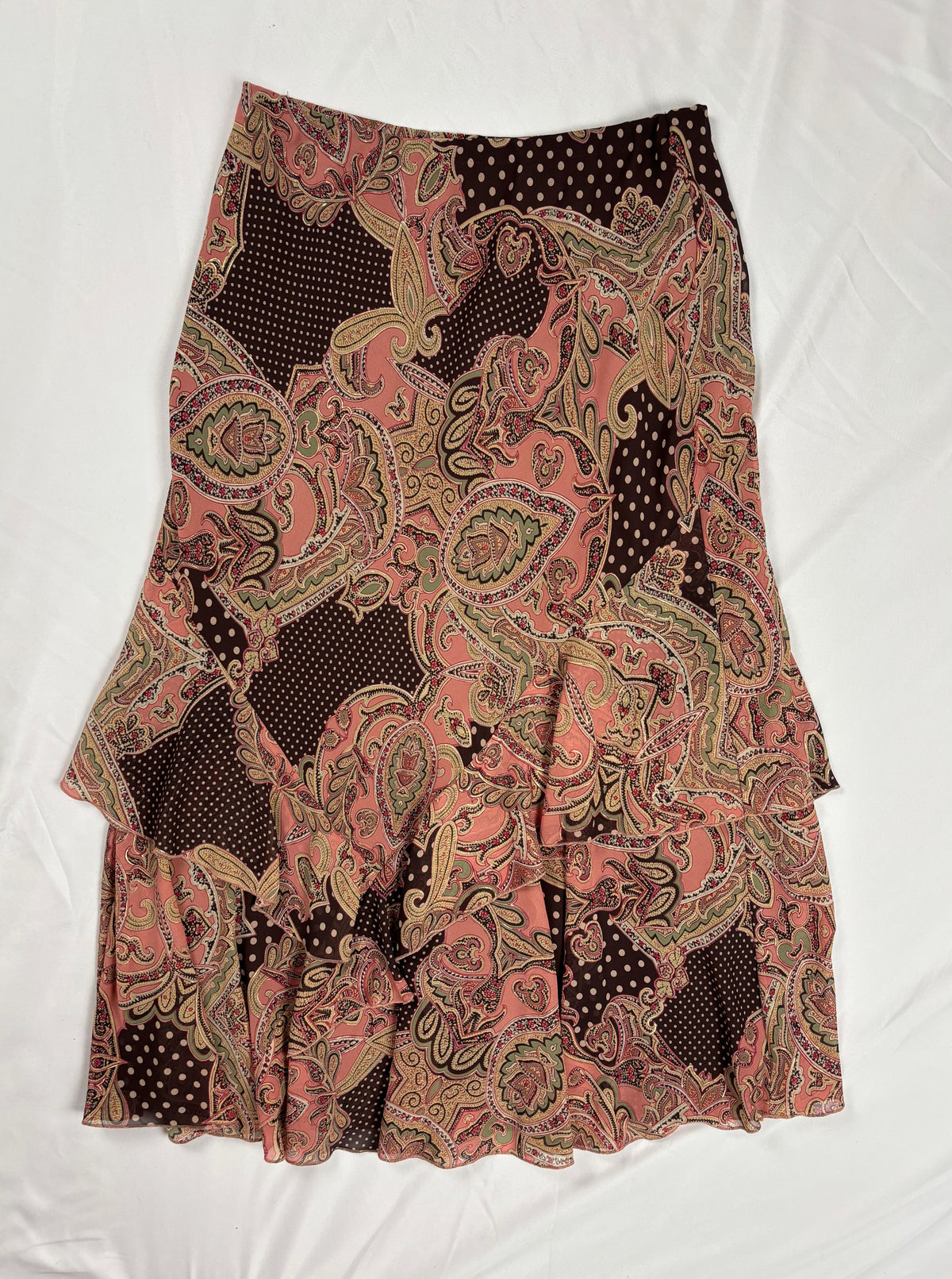Brown and pink mixed print ruffle maxi skirt