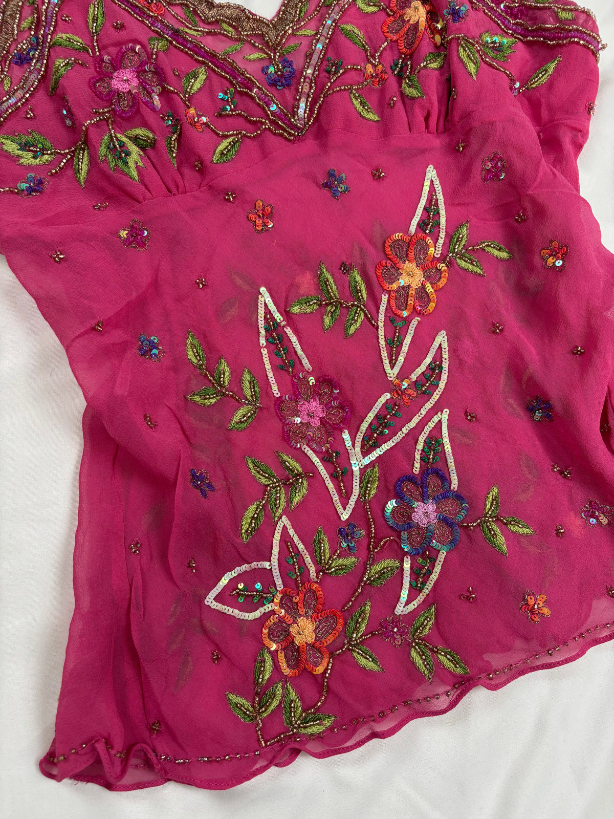 Hot pink sheer embellished aftershock silk cami with beaded straps