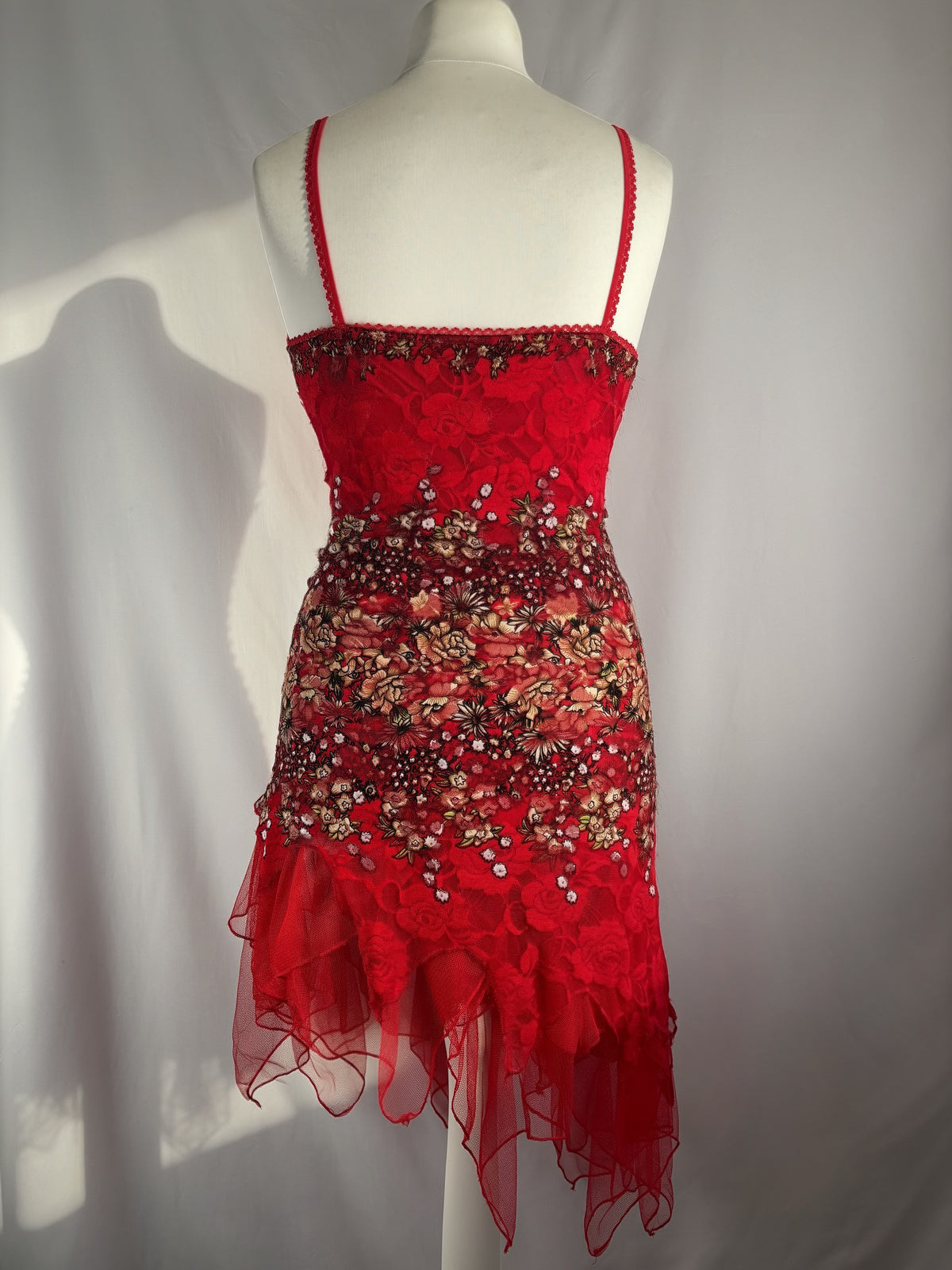 Red lace asymmetric fairy mini dress with sequin details
