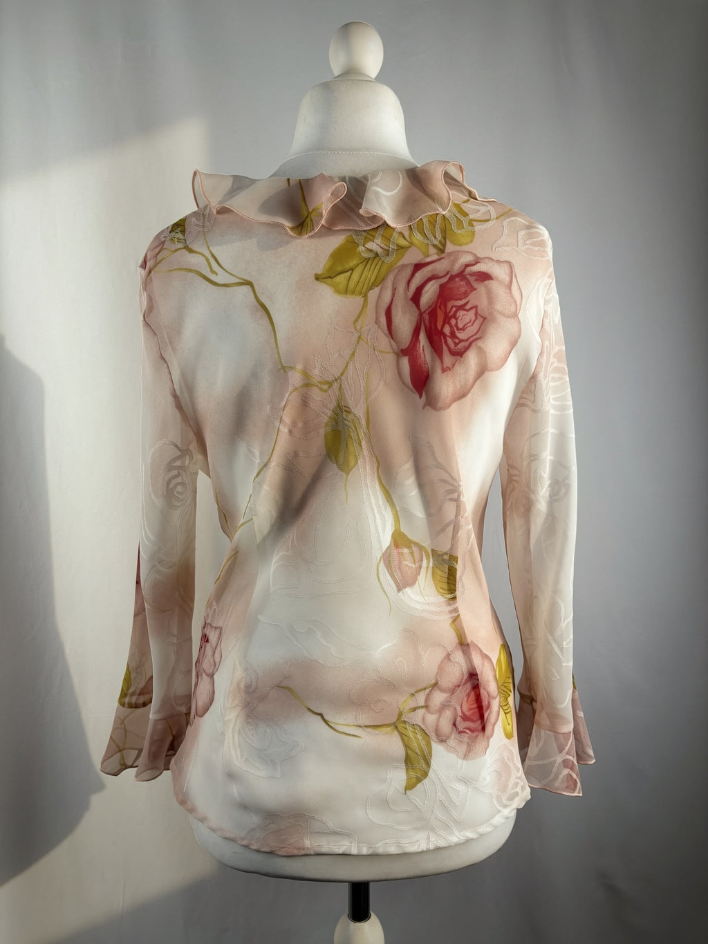 Sheer blush ombré floral button up ruffle cardigan