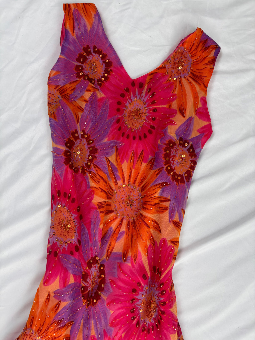 Sunflower ruffle maxi dress embellished throughout with sequins