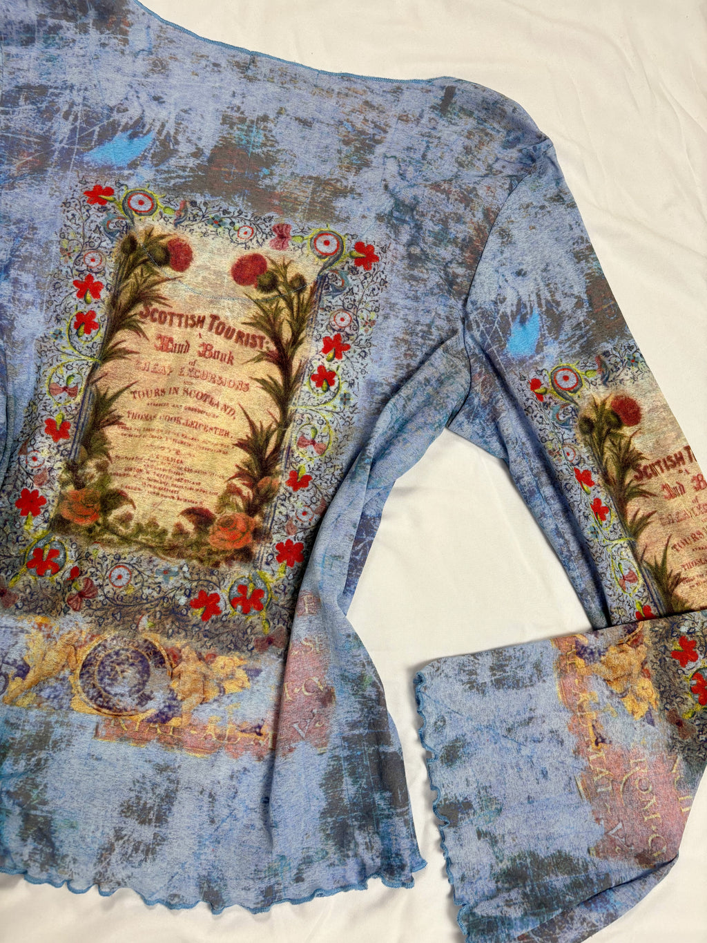 Blue sheer mesh Scotland graphic wide sleeve top