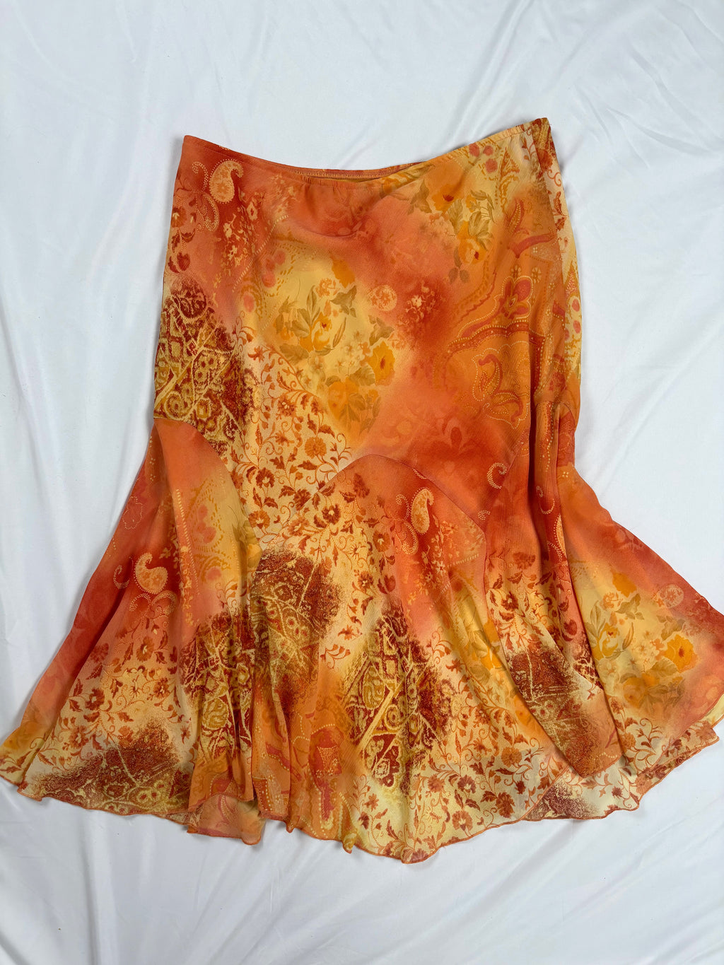 Orange and yellow ombré floral midi skirt
