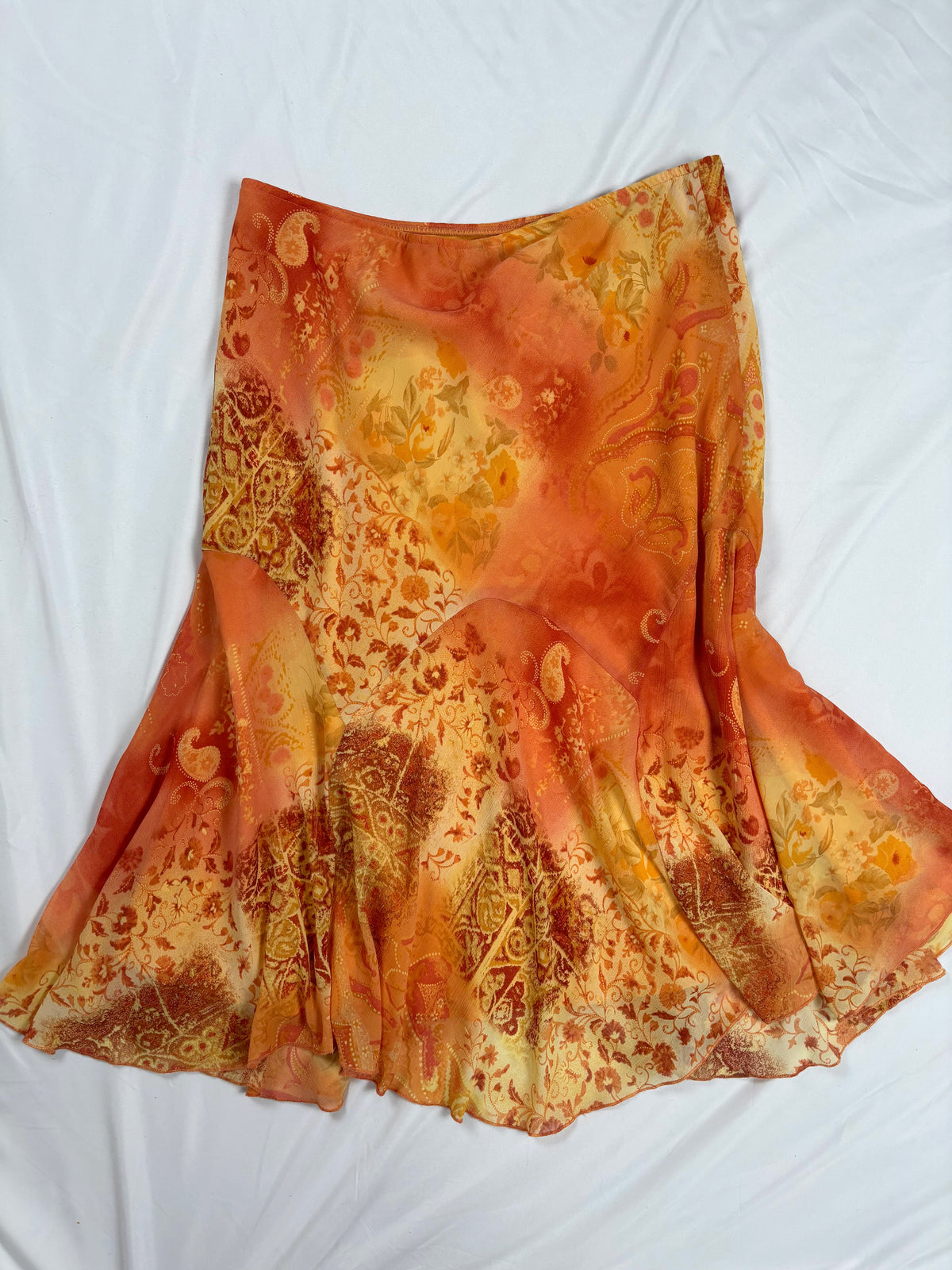 Orange and yellow ombré floral midi skirt