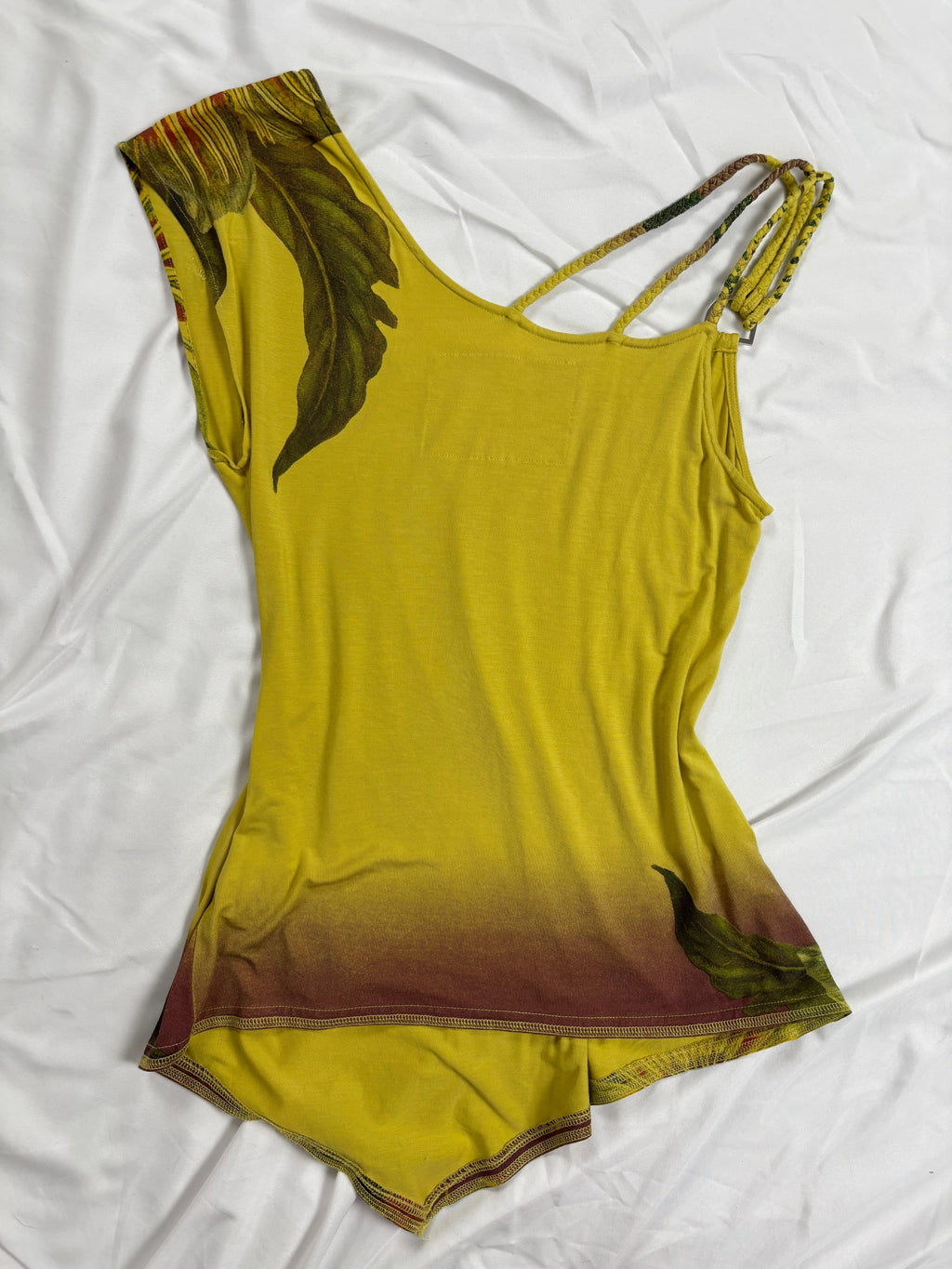 Green asymmetrical tropical print embellished top with shoulder strap detail