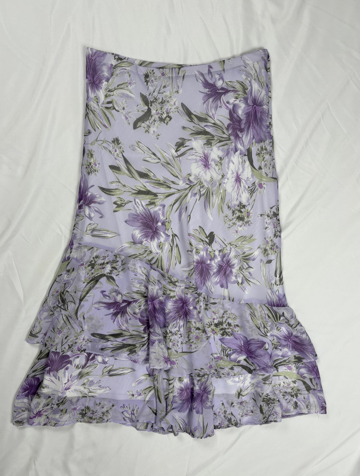 Lilac and green floral print ruffle skirt