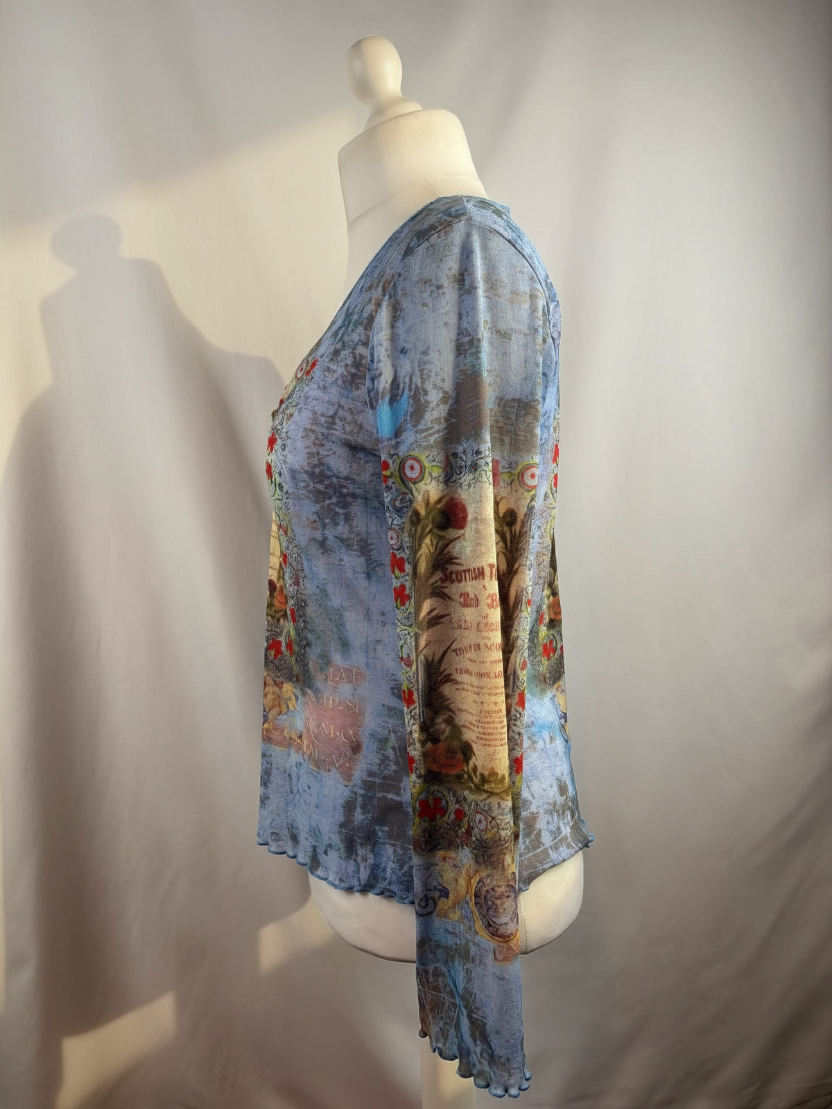 Blue sheer mesh Scotland graphic wide sleeve top