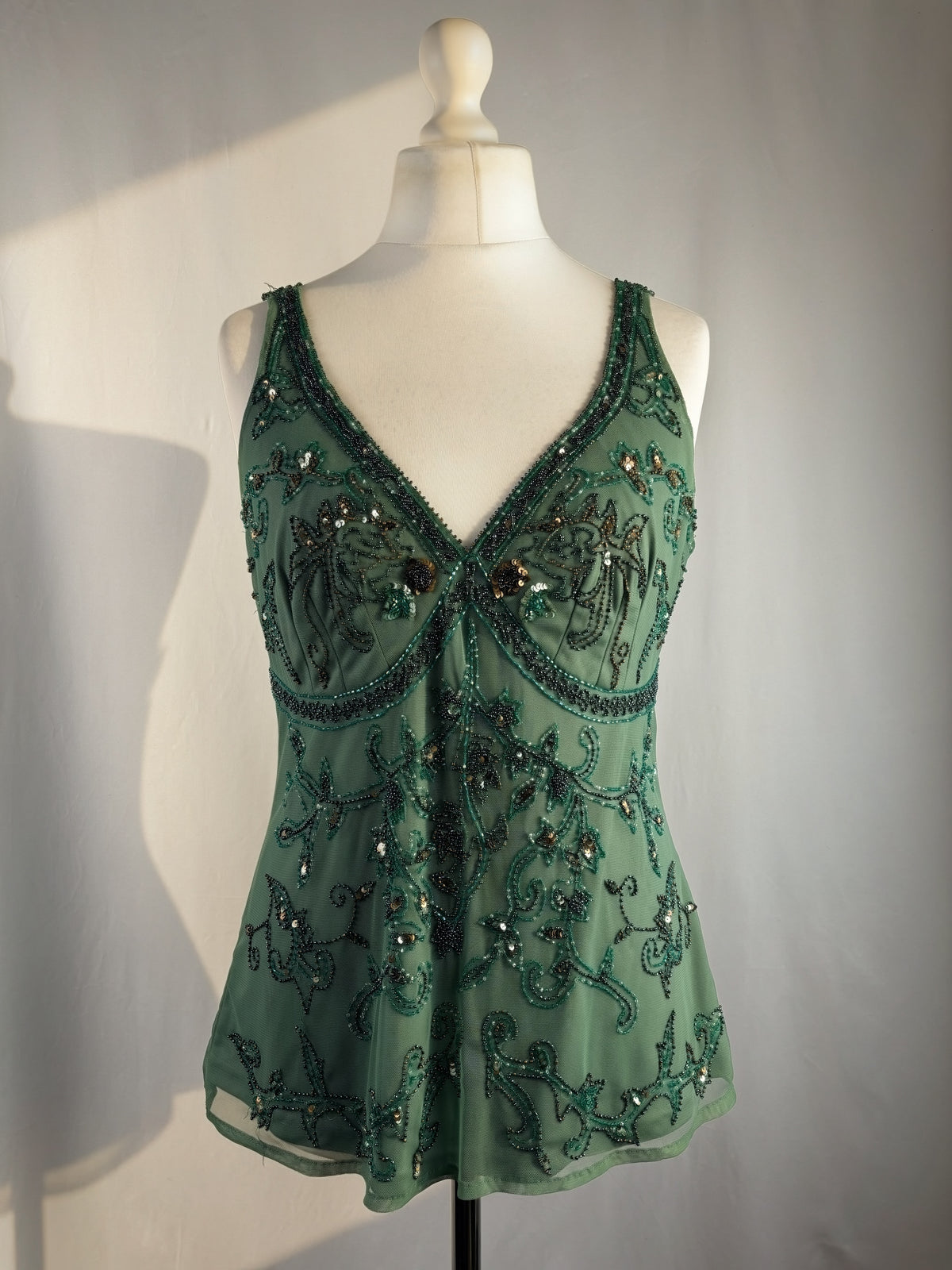 Green heavily beaded v neck fairy top