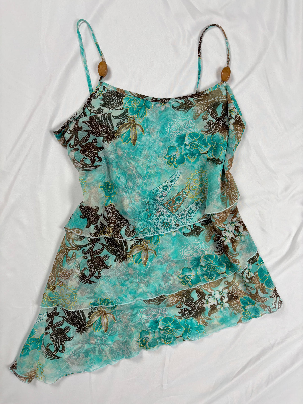 Blue and brown floral tiered ruffle cami with wooden bead details