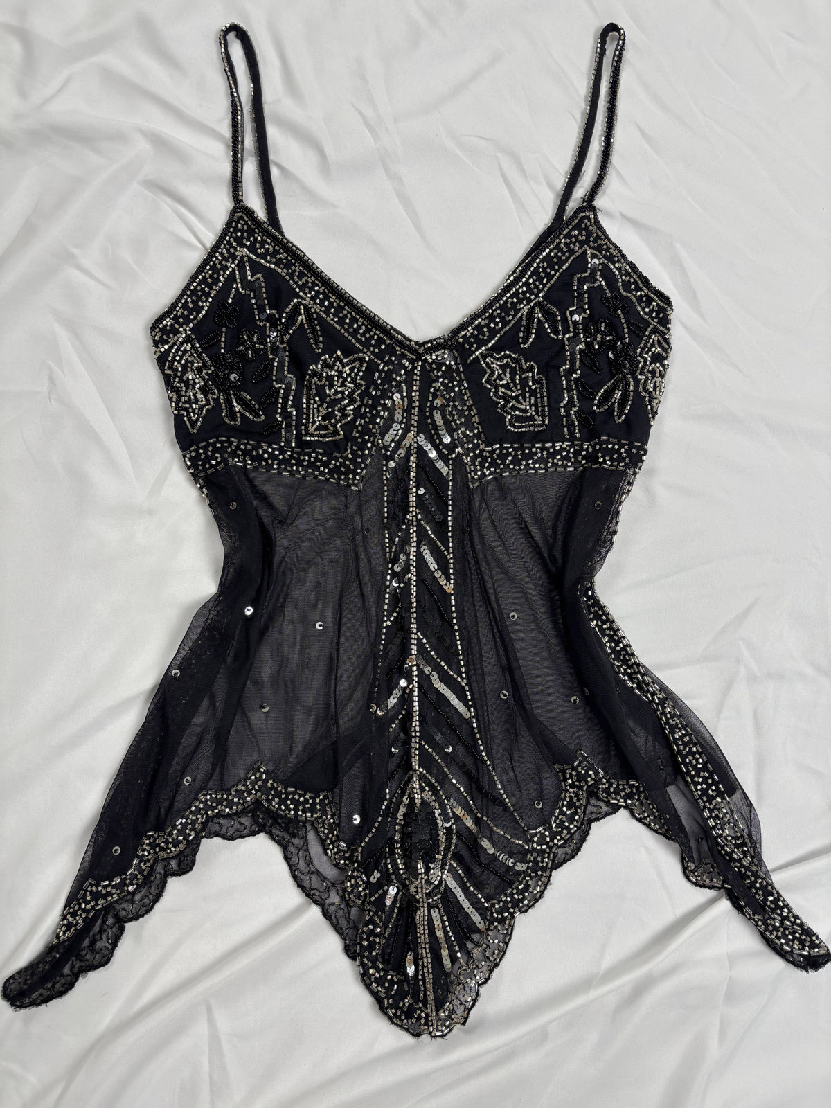 Sheer black beaded asymmetrical fairy cami