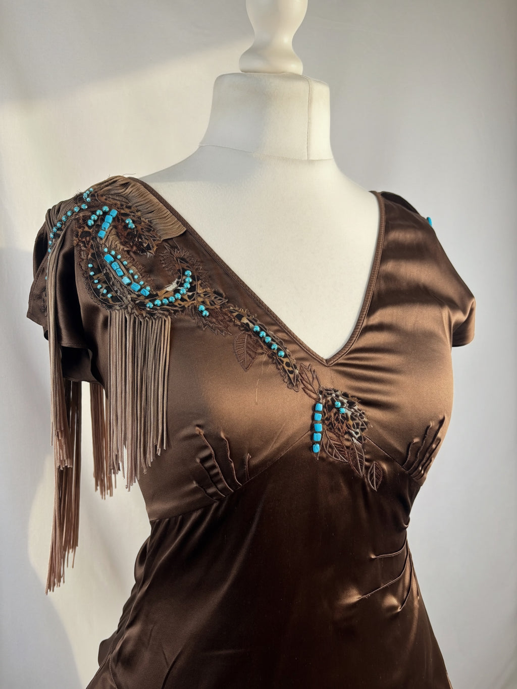 Brown silk western style asymmetric top with tassel details