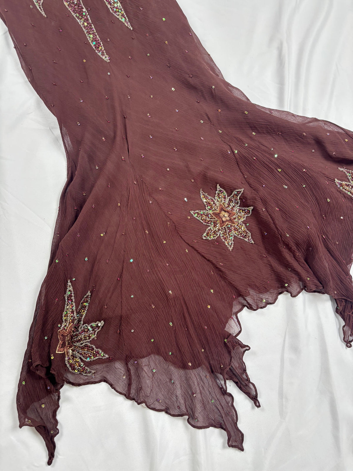Brown aftershock silk midi dress embellished with sequins