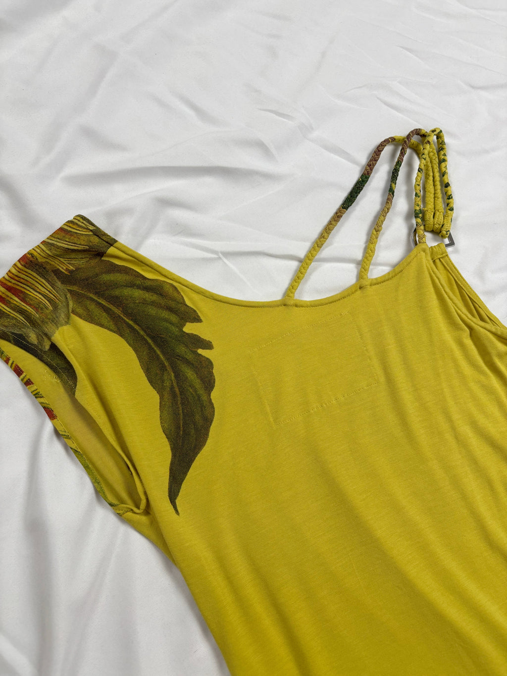 Green asymmetrical tropical print embellished top with shoulder strap detail