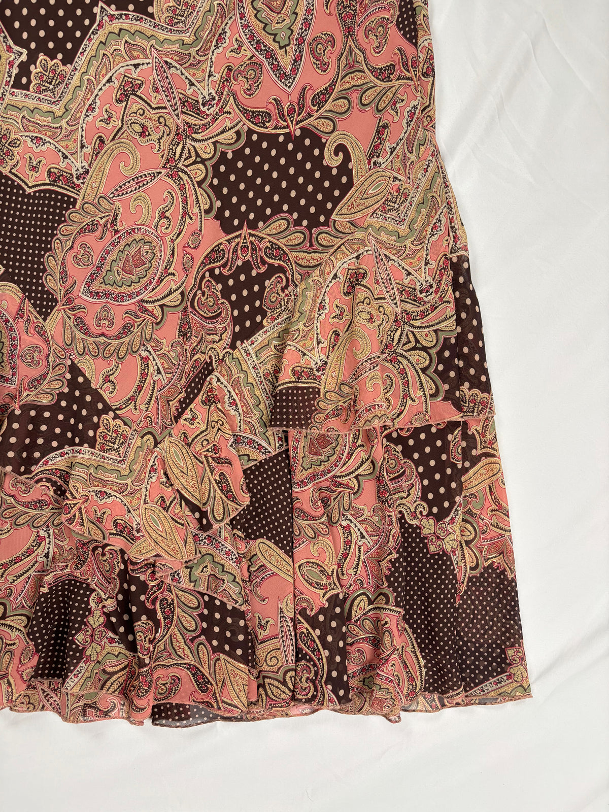 Brown and pink mixed print ruffle maxi skirt
