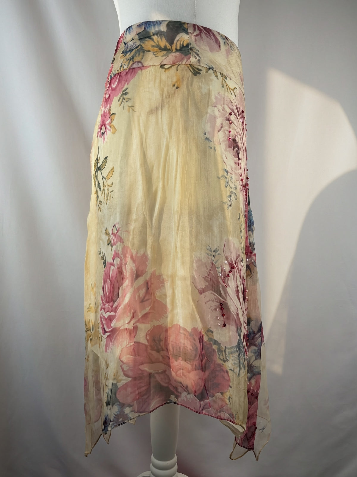 Sheer cream floral midi skirt embellished with sequins