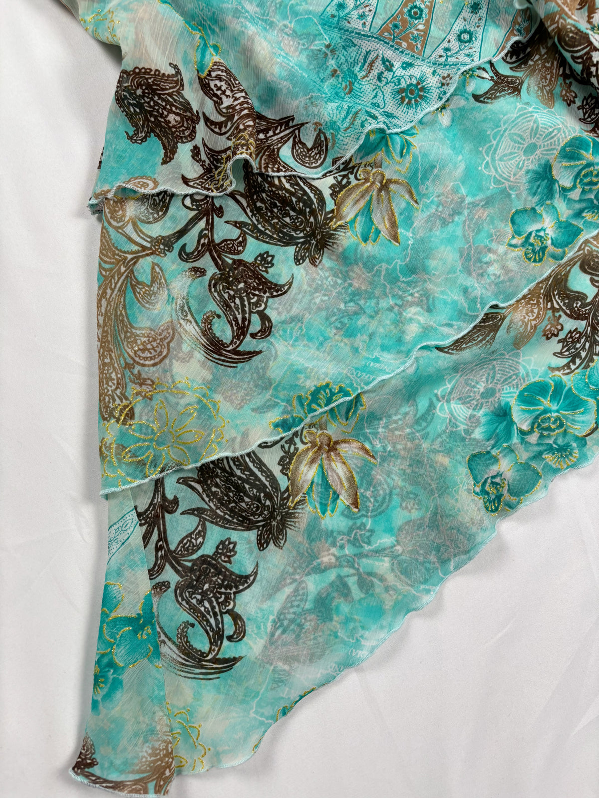 Blue and brown floral tiered ruffle cami with wooden bead details