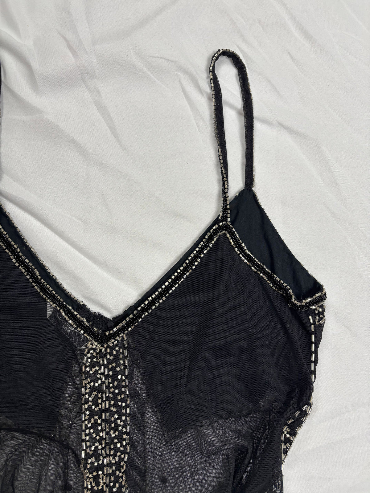 Sheer black beaded asymmetrical fairy cami