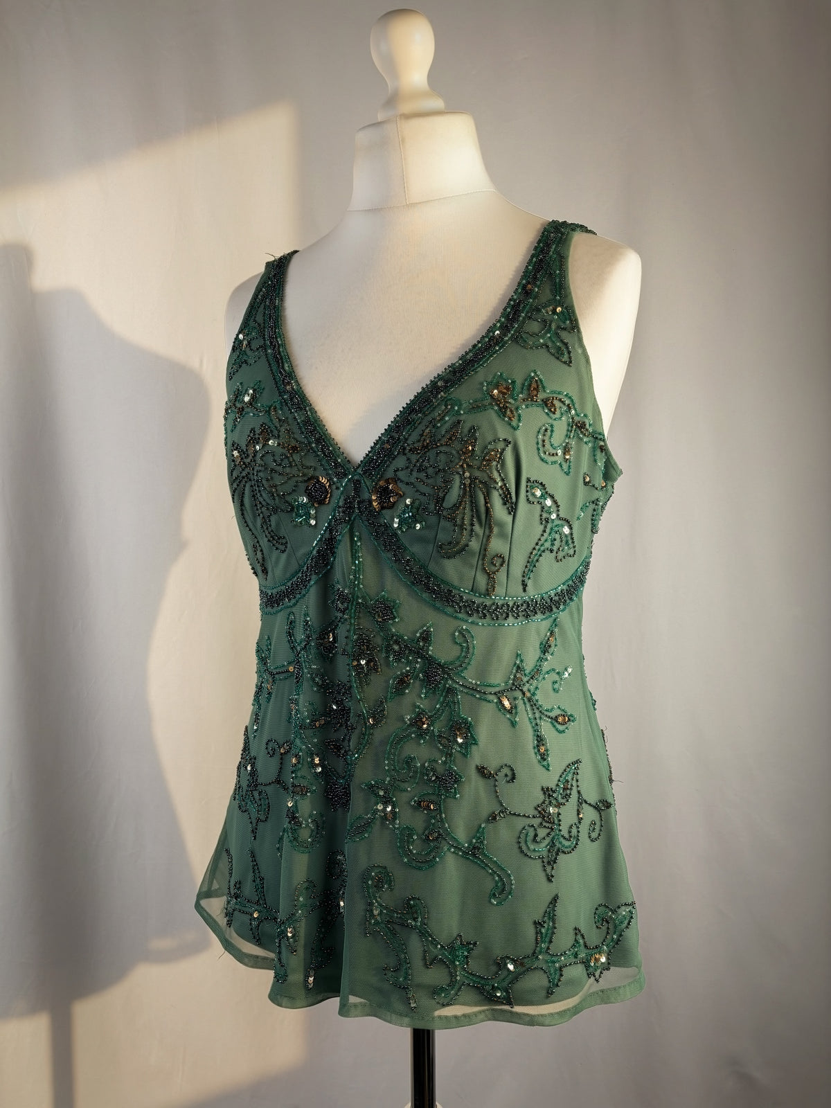 Green heavily beaded v neck fairy top