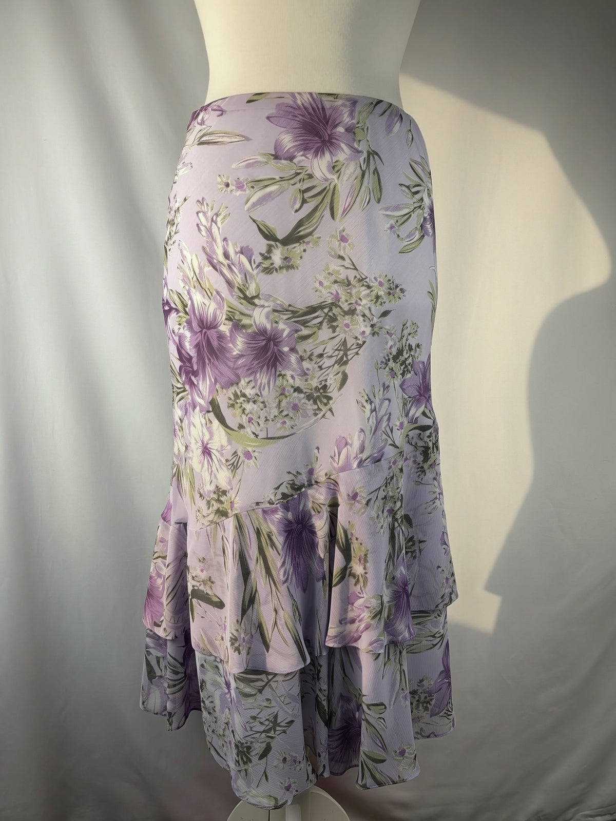 Lilac and green floral print ruffle skirt
