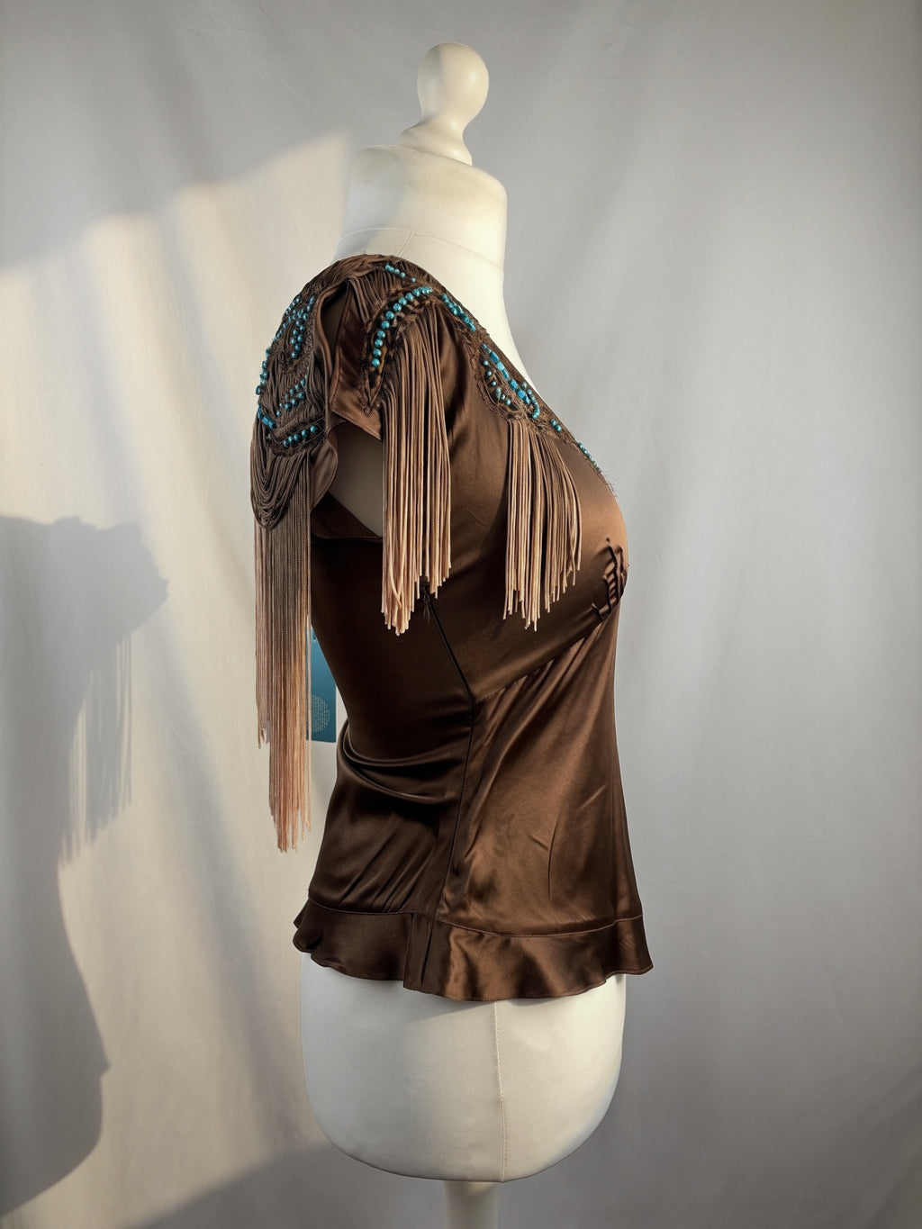 Brown silk western style asymmetric top with tassel details