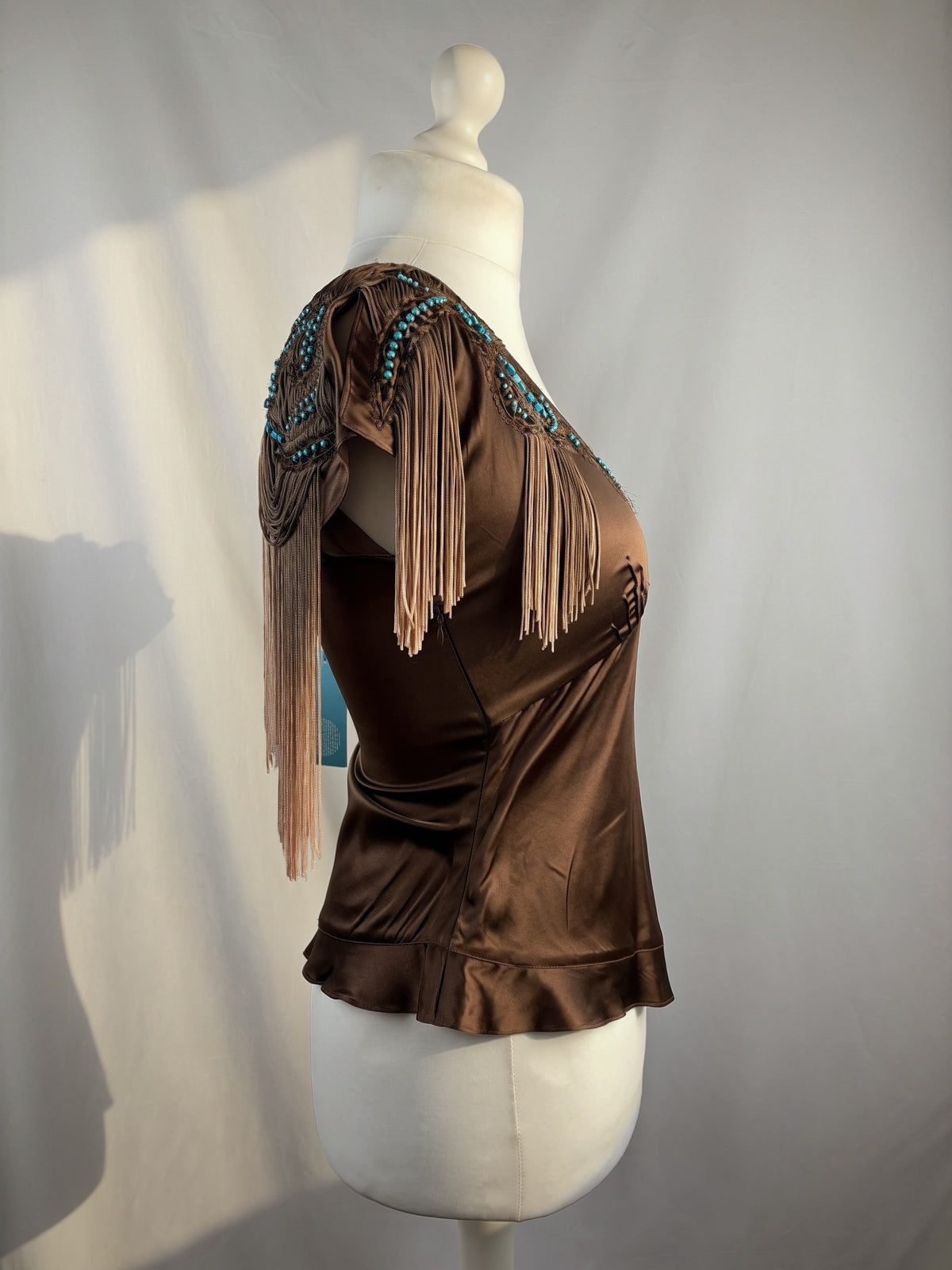 Brown silk western style asymmetric top with tassel details