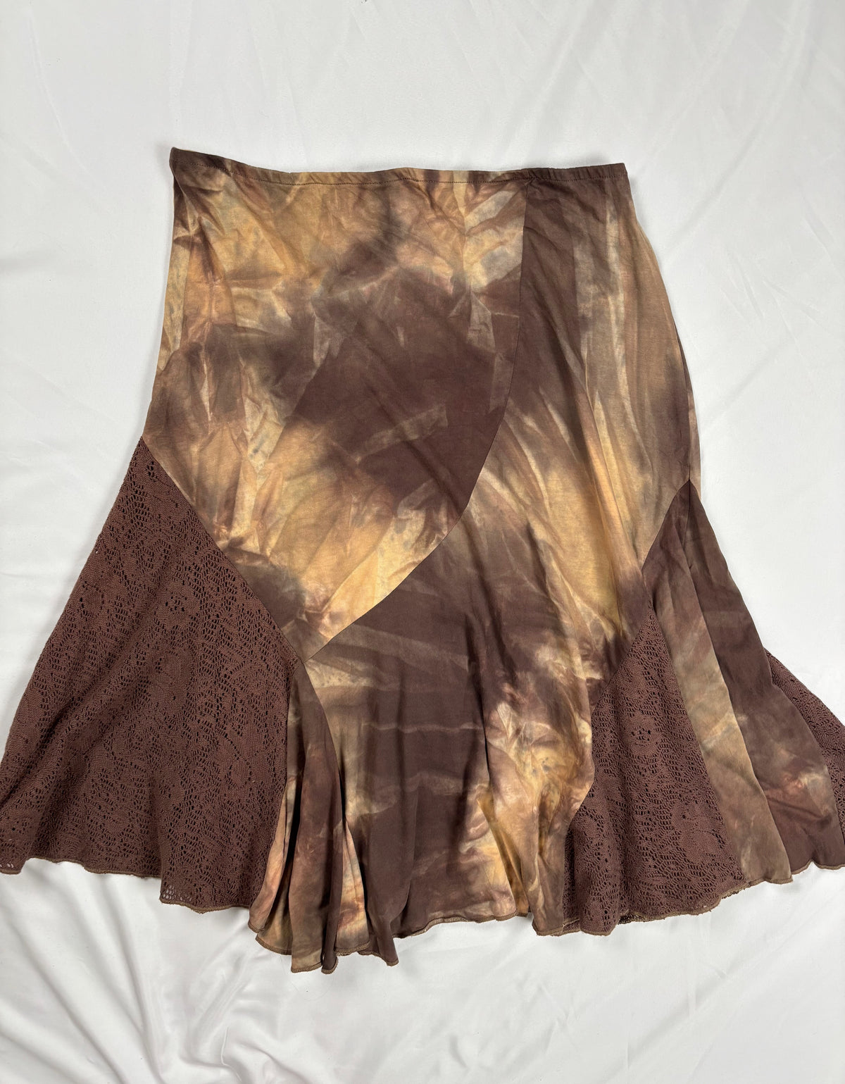 Brown and beige ombré patchwork skirt with floral tassel details