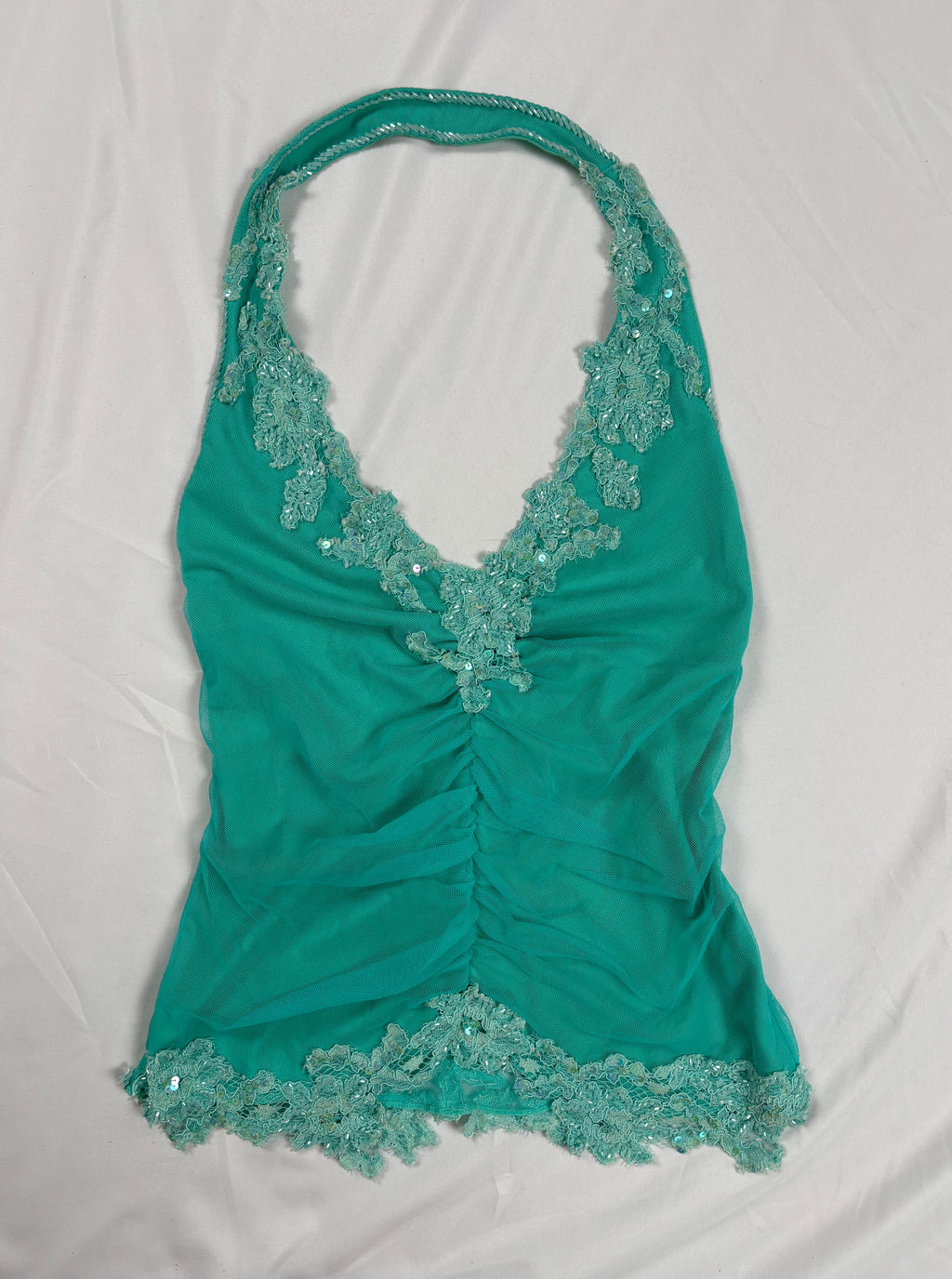 Bright blue ruched aftershock halter neck with beaded lace details