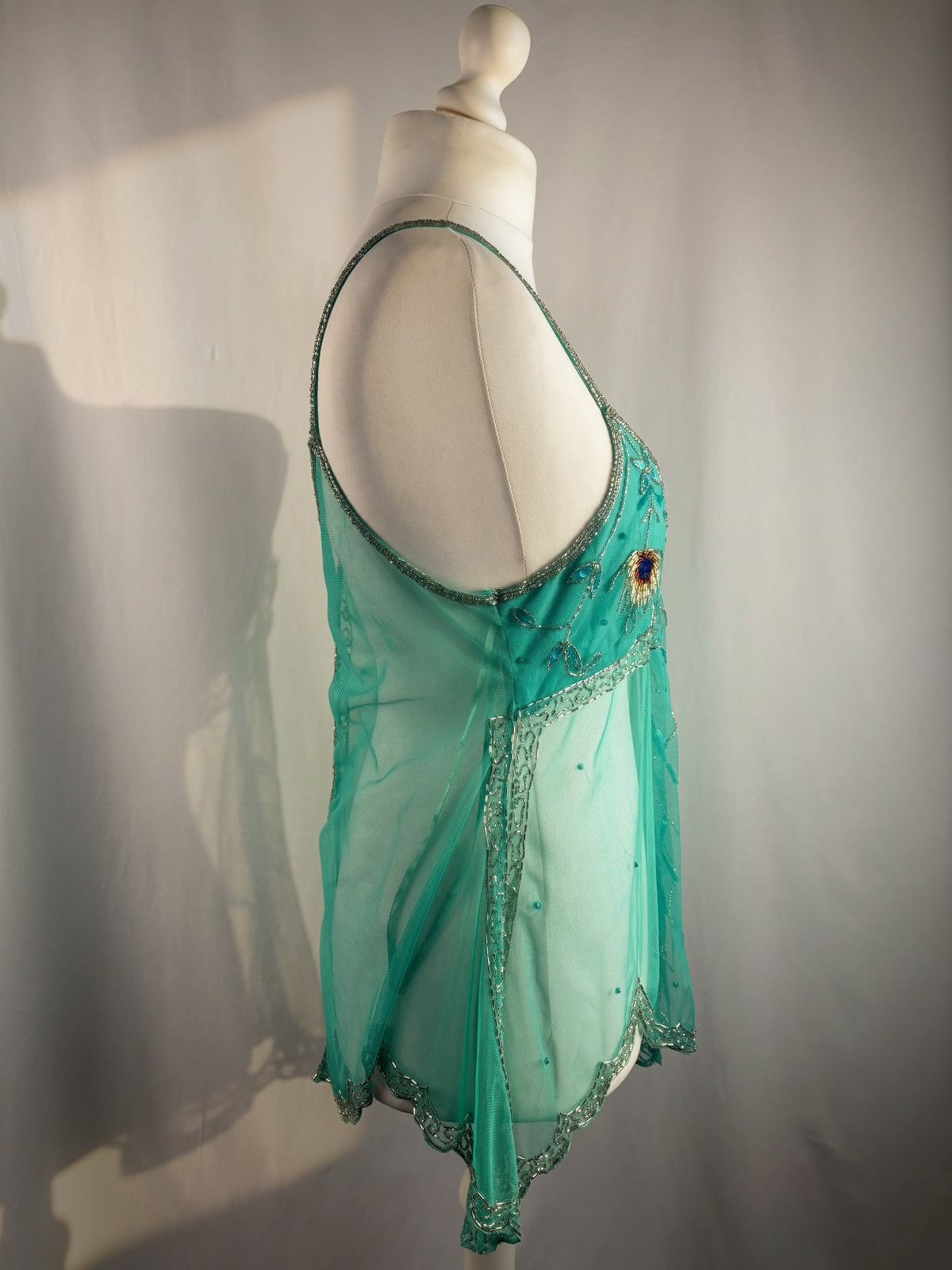Bright blue sheer beaded peacock detailed fairy cami