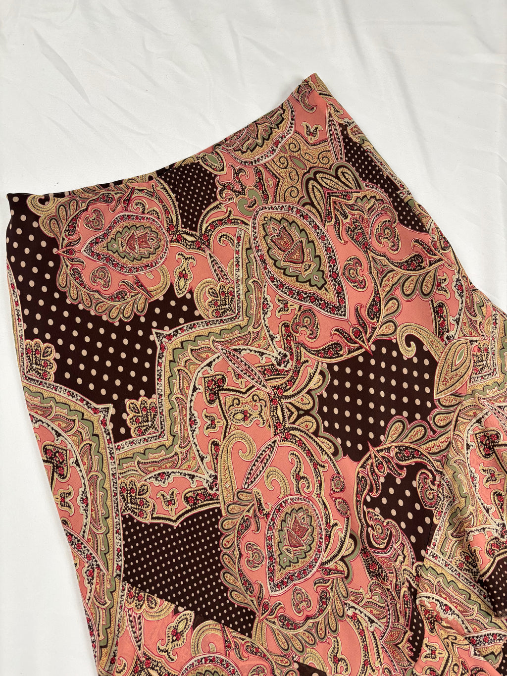 Brown and pink mixed print ruffle maxi skirt