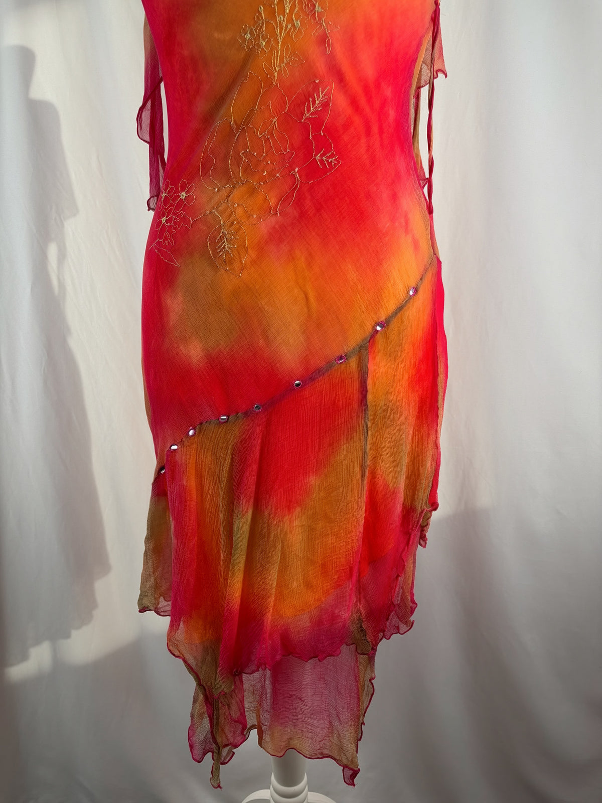 Autumnal ombré asymmetric mini dress with mirrored gem embellishments