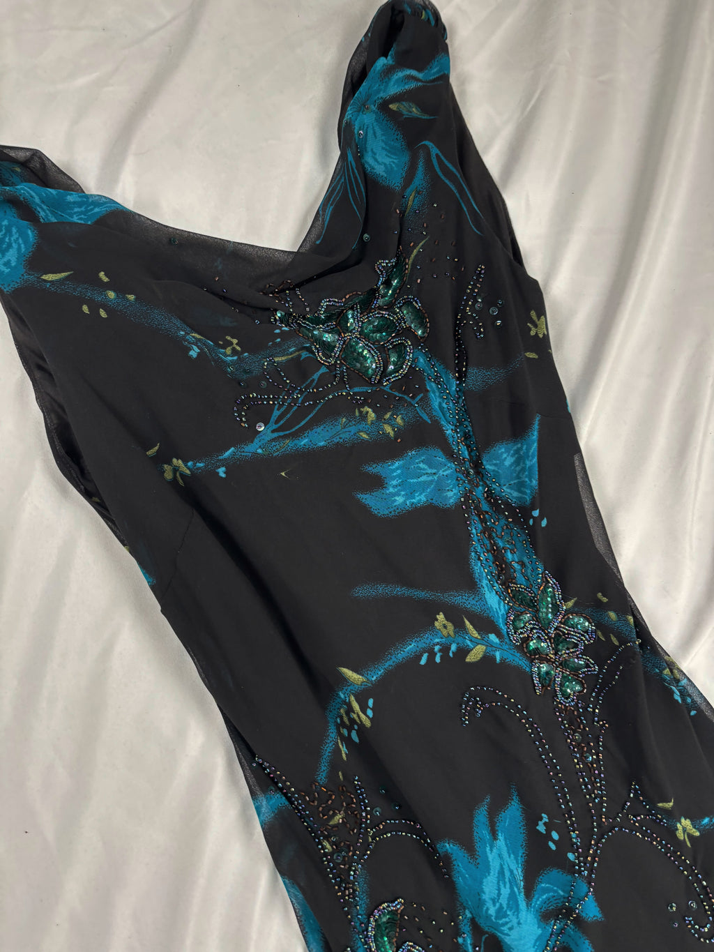 Black and blue floral asymmetric beaded dress with shawl