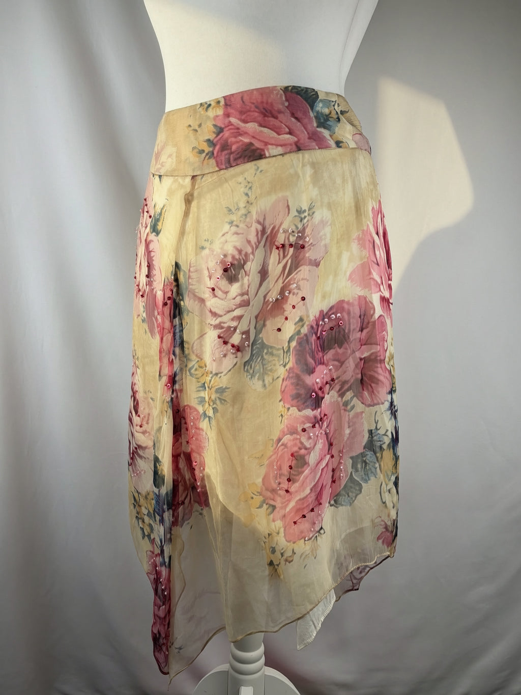 Sheer cream floral midi skirt embellished with sequins
