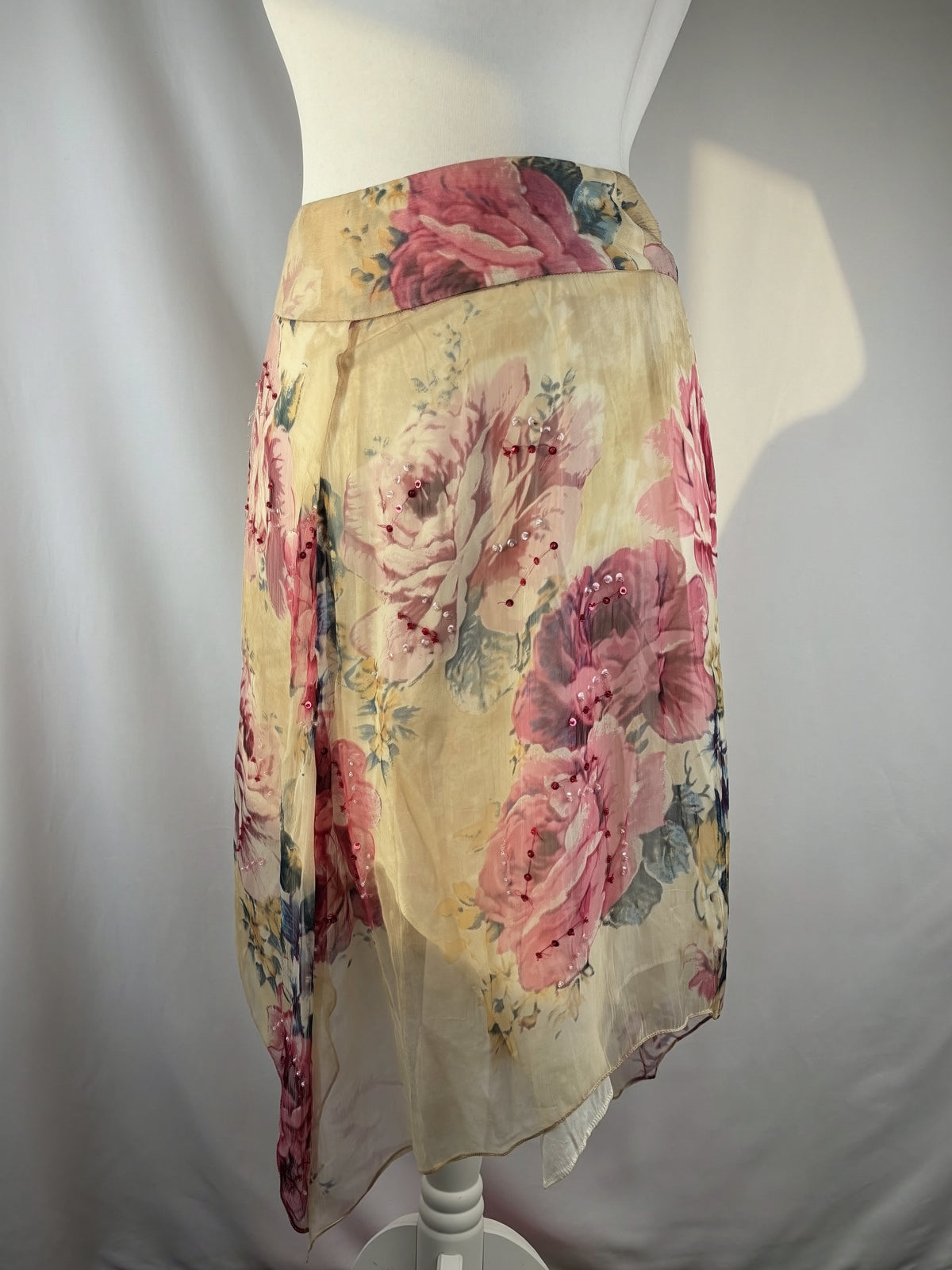 Sheer cream floral midi skirt embellished with sequins