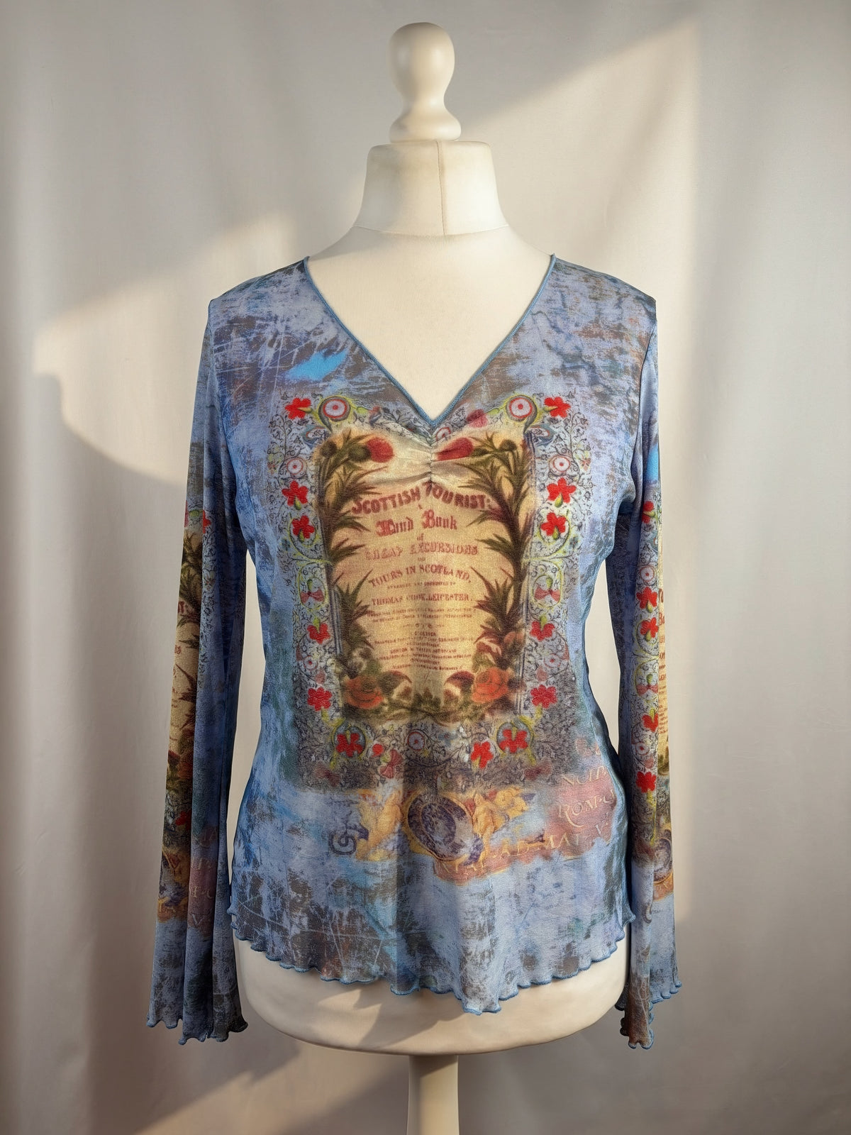 Blue sheer mesh Scotland graphic wide sleeve top
