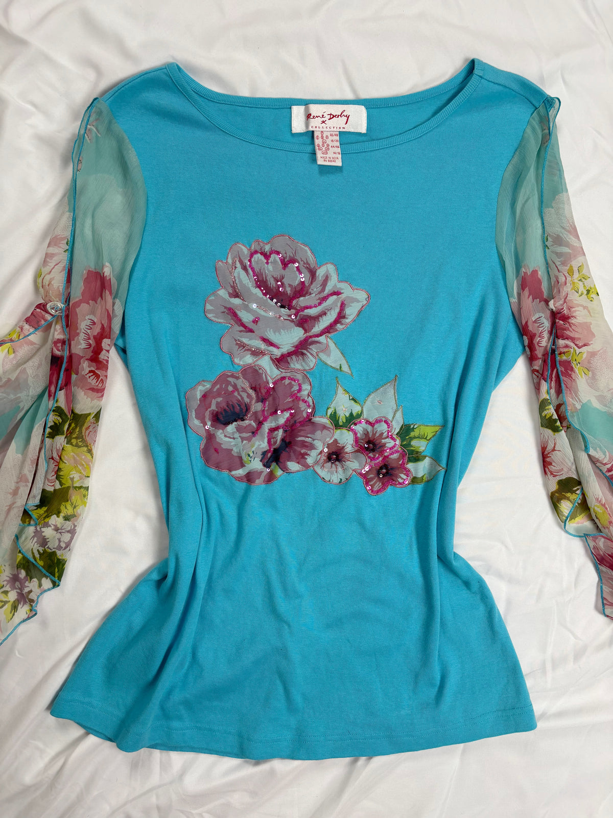 Blue floral Derhy detailed mesh flare/ long sleeve top with sequins