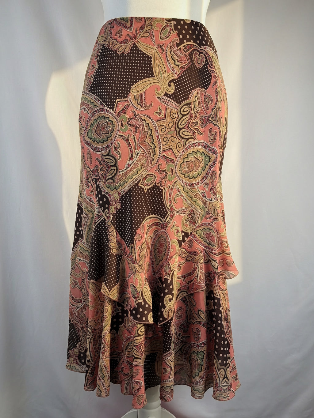 Brown and pink mixed print ruffle maxi skirt