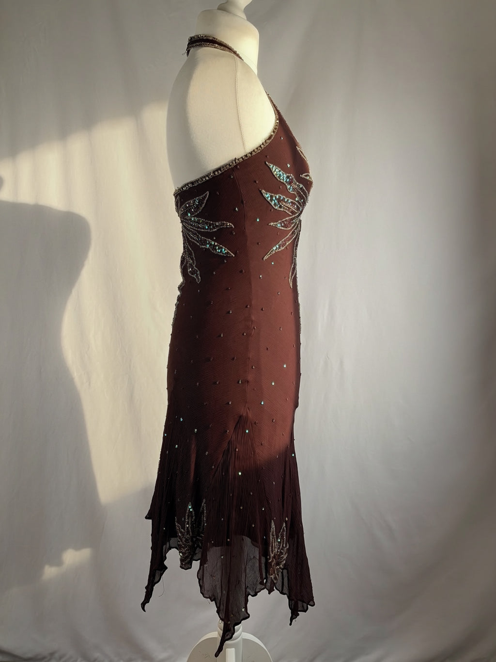 Brown aftershock silk midi dress embellished with sequins