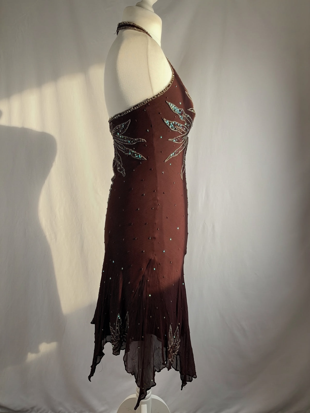 Brown aftershock silk midi dress embellished with sequins