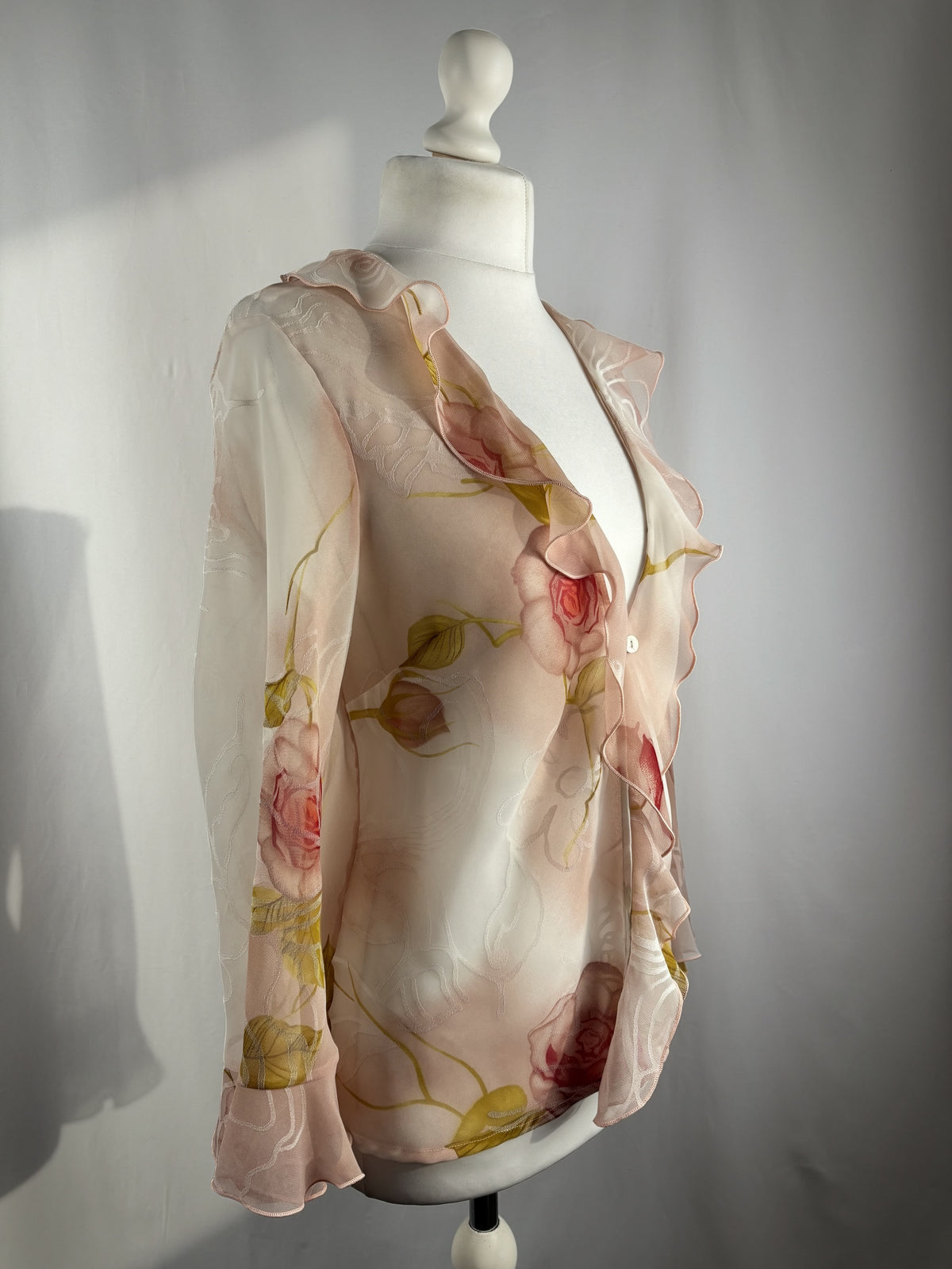 Sheer blush ombré floral button up ruffle cardigan