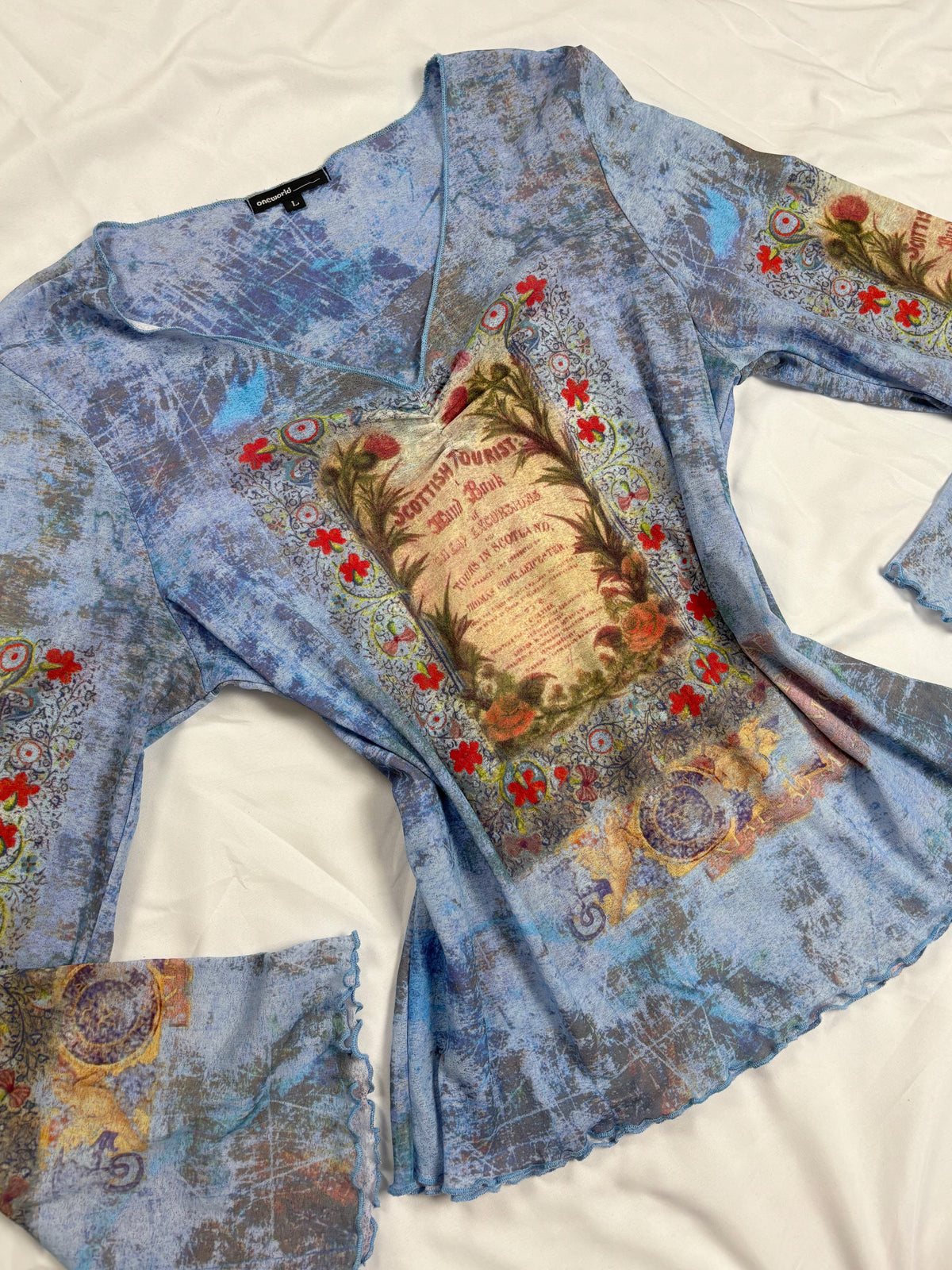 Blue sheer mesh Scotland graphic wide sleeve top