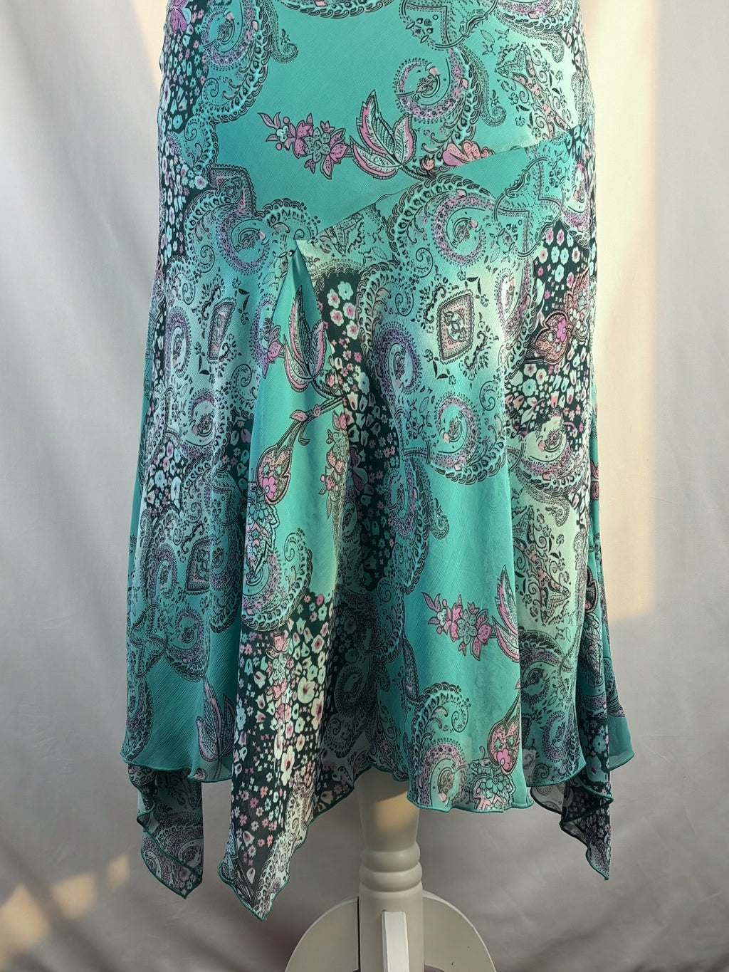 Blue and purple Paisley print midi skirt with asymmetric hem