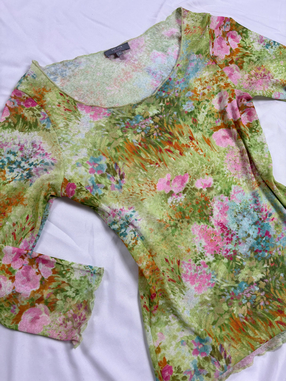 Green watercolour affect mesh 3/4 sleeve top