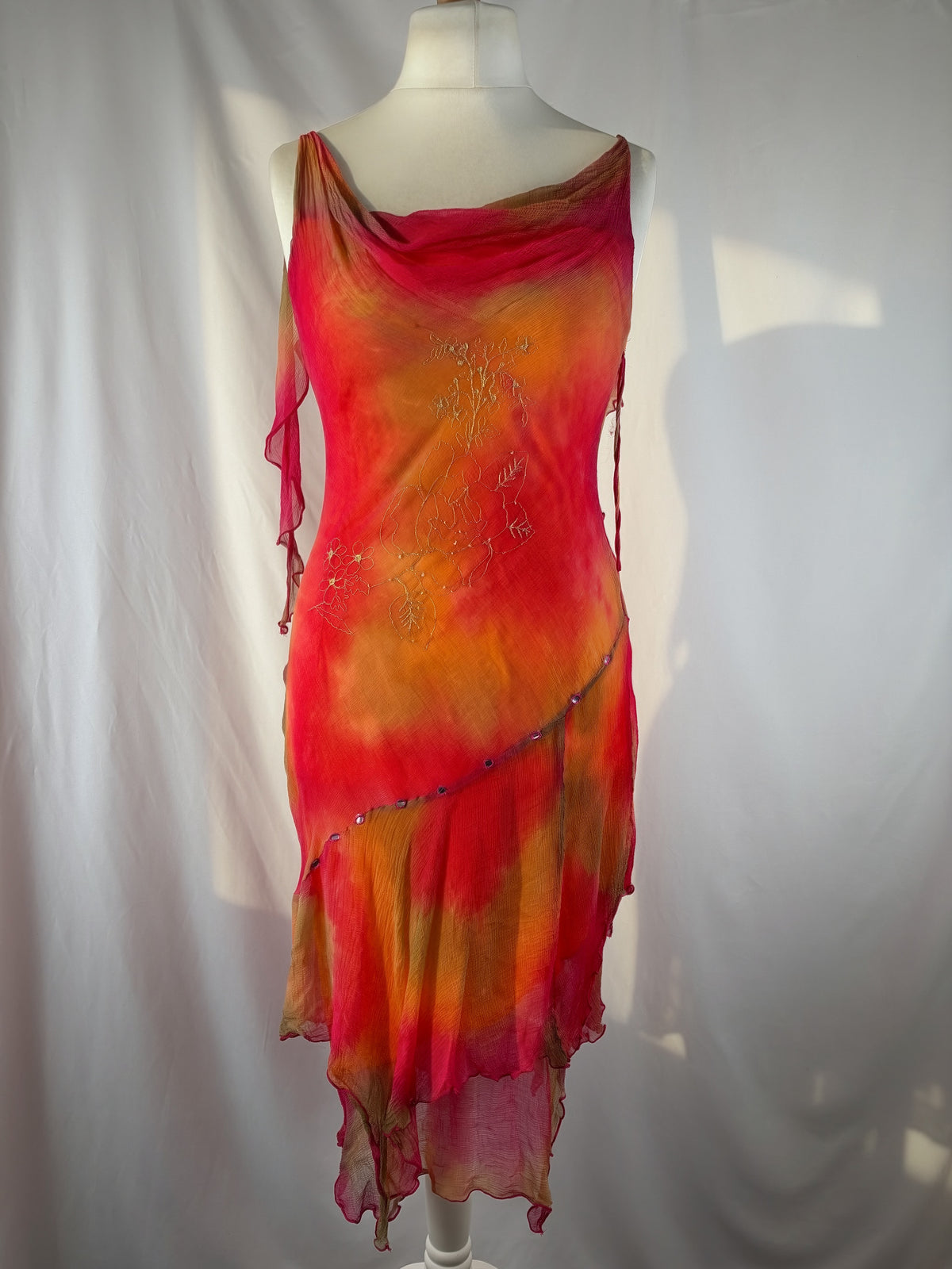 Autumnal ombré asymmetric mini dress with mirrored gem embellishments