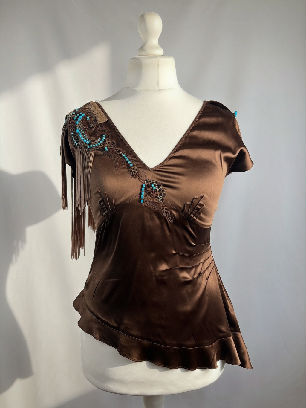 Brown silk western style asymmetric top with tassel details