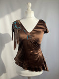 Brown silk western style asymmetric top with tassel details